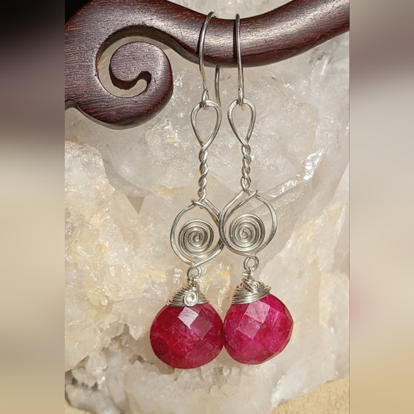Artisan Sterling Silver Ruby Dangle Earrings - Picture 1 of 15